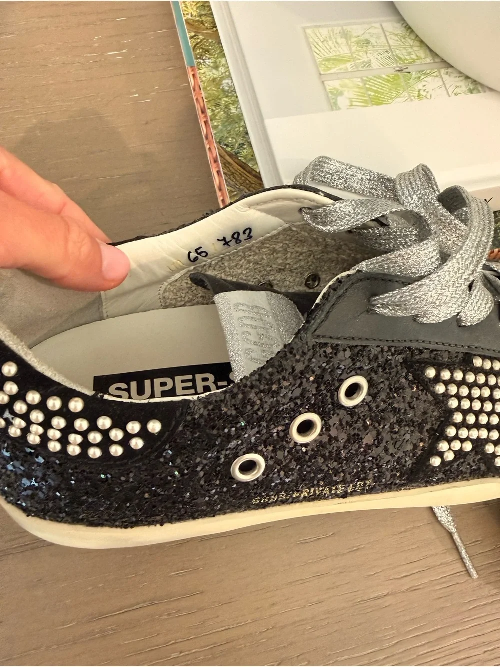 Authentic Golden goose Women’s Black Glitter Sneakers with Silver Accents